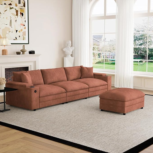 115" L Shaped Cloud Sofa Couch with Ottoman, Storage Armrest, Cup Holders, USB & Type-C Ports, Spring Cushions, Solid Wood Frame, Chenille Modular Sectional for Living Room (Coffee-L-115.2")