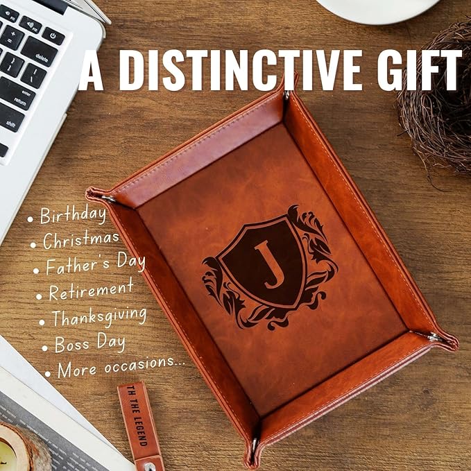 INNObeta Initial Valet Tray, Desktop Storage Organizer, PU Leather Bedside Tray Key Coin Holder, Personalised Gifts for Men, Birthday, Christmas, Letter J