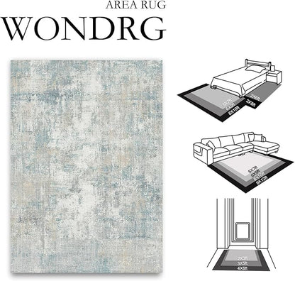 3x8 Washable Runner Rug Blue Cream Abstract Hallway Kitchen Throw Rug Neutral Modern Non Slip Soft Low Pile Lightweight Carpet for Bathroom Laundry Bedroom Living Room