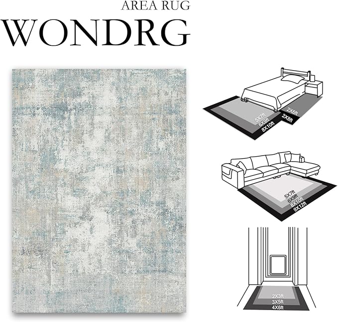 2x8 Washable Runner Rug Blue Cream Abstract Hallway Kitchen Throw Rug Neutral Modern Non Slip Soft Low Pile Lightweight Carpet for Bathroom Laundry Bedroom Living Room