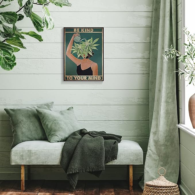 Framed Art Vintage Be Kind To Your Mind Poster Mental Health Quote Canvas Wall Art Cool Poster Unique Green Plant Girl Print Painting Retro Home Wall Decor Picture for Women Bedroom 12x16in