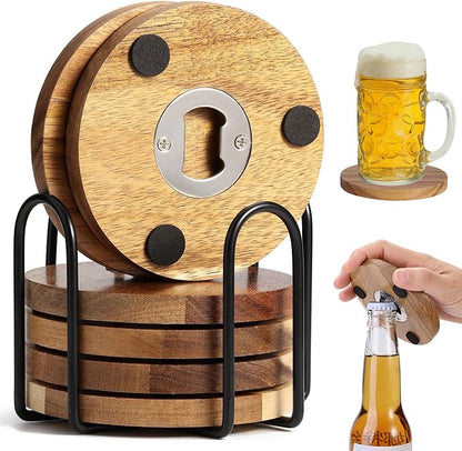 Yoption 6 Pcs Wood Coasters for Drinks with Bottle Opener and Holder, Acacia Wooden Cup Coaster with Non-Slip Pad for DIY Crafts, Coffee Table, Dining Table Home Christmas Decor, 4 Inches