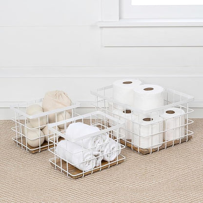 happimess BSK3004B-3SET Evvie Vintage Farmhouse Wire Metal Nesting Storage Baskets with Wood Base for Shelves, Cabinets, Pantry, Countertop, Mesh Open Bin Basket, White/Natural (Set of 3)