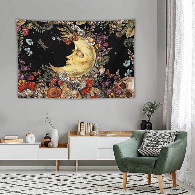 Boho Moon Tapestry Wall Hanging,Vintage Sun and Moon Skull Hippie Mushroom Floral Plant Tapestries for Dorm Living Room Bedroom Decor(60"x90")
