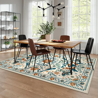Moynesa Floral Bird 6x9 Area Rug for Living Room Bedroom Dining Room, Retro Home Decorations for Modern Bohemian Farmhouse Open Areas, Family Friendly Comfort Floor Protection Non-Slip Washable