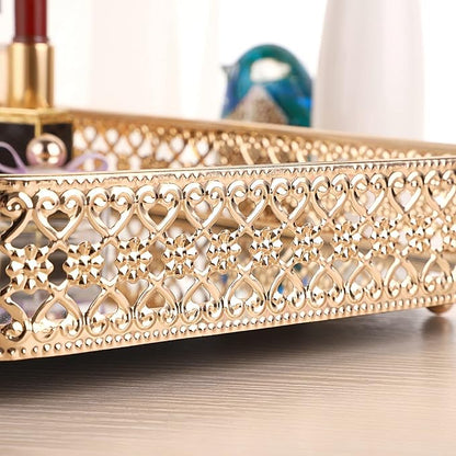ELLDOO Perfume & Makeup Vanity Tray - Hollow-Carved Jewelry Storage, Glass & Metal Trinket Organizer for Dresser & Bathroom Countertop, Gold, Medium Size