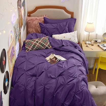 Bedsure Twin Comforter Set Purple - Bed in a Bag Twin Size Bedding 5 Pieces, GentleSoft™ Pintuck Bed Set Gift for Family, Pinch Pleat Purple Comforter with Sheets, Pillowcase & Sham