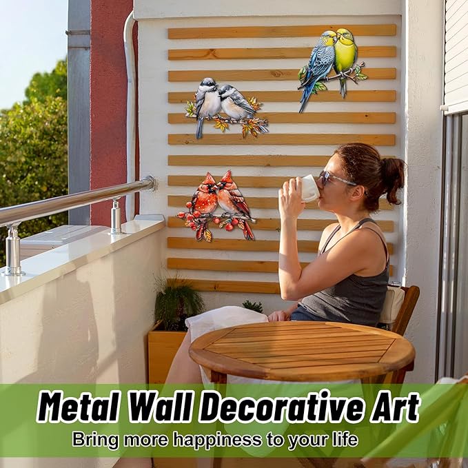 YOADEHOA 3Pcs Metal Wall Art Decor Birds on Branch, 3D Colorful Bird Outdoor Hanging Wall Art Patio Fence Decorations, Hummingbird Wall Sculptures for Indoor Outdoor Garden Garden (Birds B)