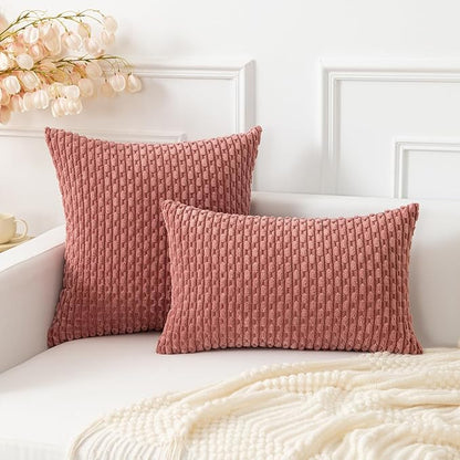 Kevin Textile Valentines Day Throw Pillow Covers Soft Corduroy Decorative Set of 2 Boho Striped Pillow Covers Pillowcases Farmhouse Home Decor for Couch Bed Sofa Living Room 22x22 Inch Blush Pink