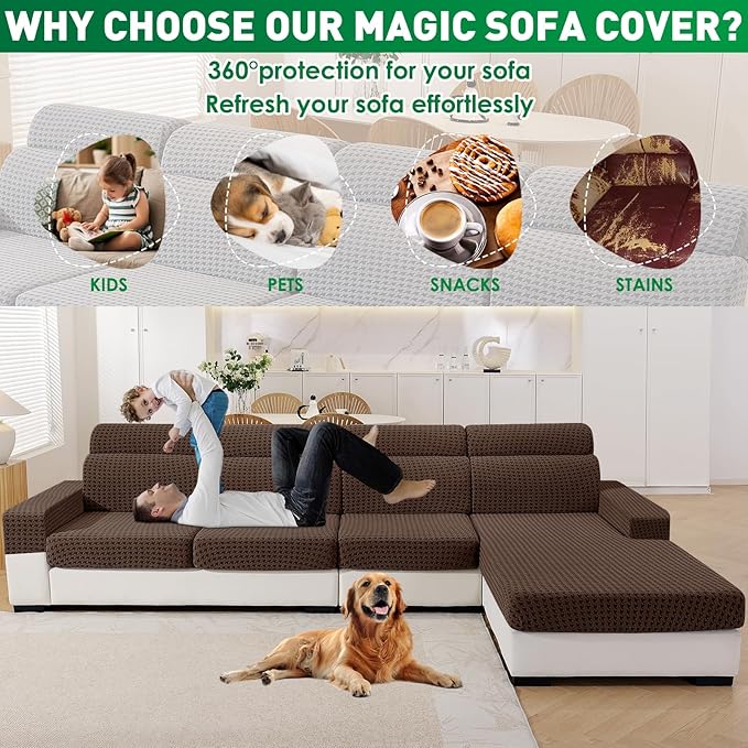 MAXIJIN Couch Cushion Covers for Sectional Sofa, Stretch Sofa Cushion Cover Washable Furniture Protector with Elastic Bottom & Non-Slip Strap for Pets Kids (3PC Seat Cover, Brown)