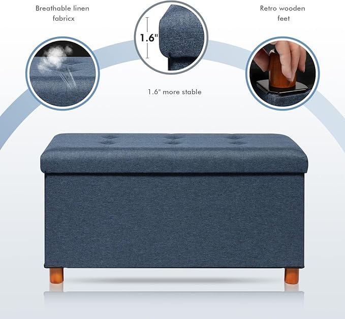 PINPLUS Linen Coffee Table Ottoman with Tray, Large Storage Bench with Wooden Legs, Chest Foot Stools, Ottomans for Living Room Bedroom, Blue, 30" x 15" x 15"
