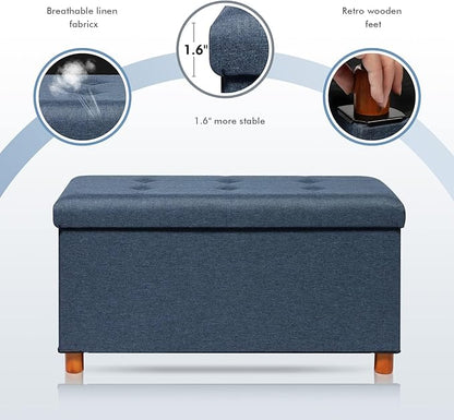 PINPLUS Linen Coffee Table Ottoman with Tray, Large Storage Bench with Wooden Legs, Chest Foot Stools, Ottomans for Living Room Bedroom, Blue, 30" x 15" x 15"
