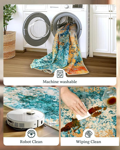 9x12 Area Rug for Living Room - Washable Rugs Modern Abstract Neutral Soft Rug for Bedroom Dining Room No Slip Low Pile Carpet for Nursery Home Office - Teal/Orange
