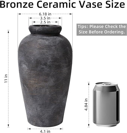 Large Ceramic Rustic Vase, 11 inch Farmhouse Flowers Tall Vase Vintage Texture Pottery Floor for Indoor Table, Centerpieces, Living Room Home Decor, Bronze