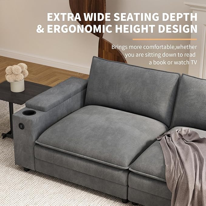 115" L Shaped Cloud Sofa Couch with Ottoman, Storage Armrest, Cup Holders, USB & Type-C Ports, Spring Cushions, Solid Wood Frame, Chenille Modular Sectional for Living Room (Dark Gray-L-115.2")