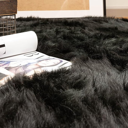 Super Area Rugs Ultra Soft & Fluffy Faux Sheepskin Rug, Black 3 x 5 Feet Carpet for Bedroom Living Room