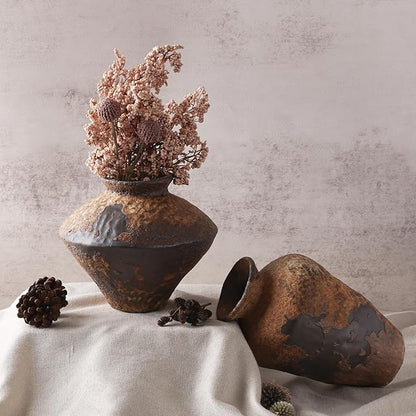 Small Stone Vase for Rustic Home Decor, Farmhouse Antique Pottery Vase Furniture&Table Flower Decorative, Round Terracotta Vases for Living Room Decor, Modern Rustic Concrete Clay Art Vases
