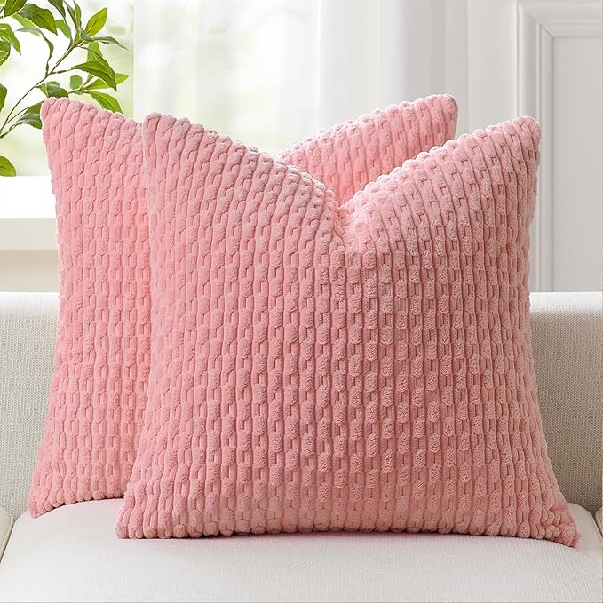 Kevin Textile Valentines Day Decorative Pillow Covers Set of 2 Striped Plush Corduroy Pillows Pillowcases Boho Home Decor Cushion Covers for Couch Sofa Bed Living Room 16x16 Inch, Dark Pink