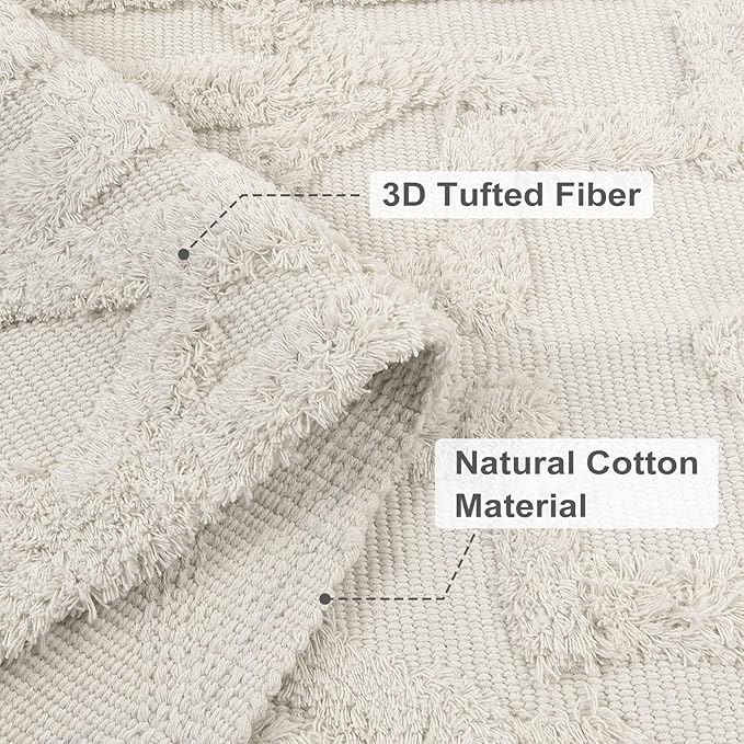 Uphome Boho Area Rug 3' x 5', Cream Washable Cotton Woven Entryway Rug with Tassels, Moroccan Tufted Bedroom Rug, Farmhouse Tribal Floor Carpet for Entry Office Porch Living Room Kitchen