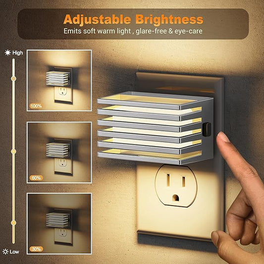 JandCase LED Night Light, Silver Night Lights Plug into Wall with Dusk to Dawn Sensor, Dimmable Plug in Night Light [2 Pack], Adjustable Brightness, 3000K Soft White Nightlight for Bedroom Bathroom