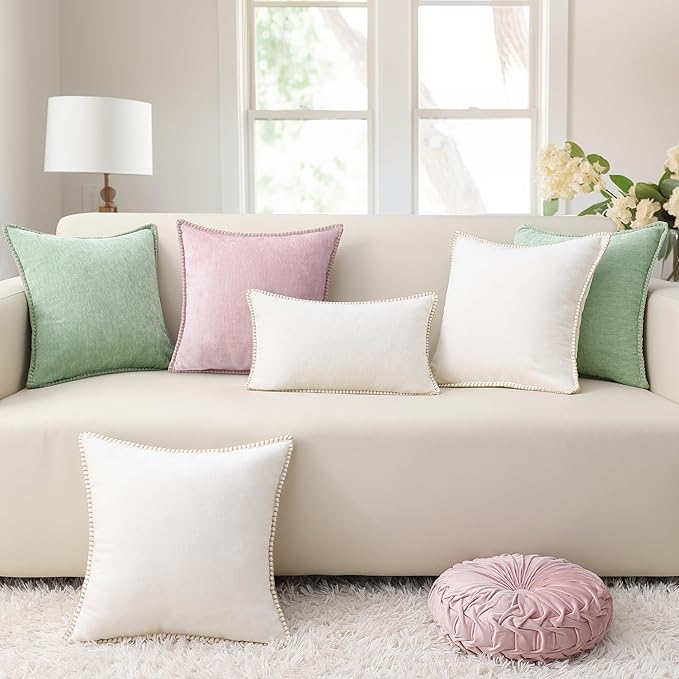 decorUhome Spring Chenille Soft Throw Pillow Covers 20x20 Set of 2, Farmhouse Velvet Neutral Decorative Pillow Covers with Stitched Edge for Couch Sofa Bed Home Decor, Cream White