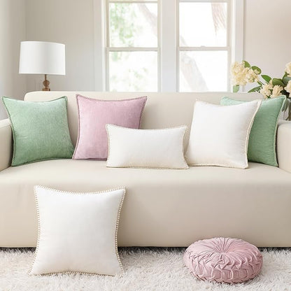 decorUhome Spring Chenille Soft Throw Pillow Covers 20x20 Set of 2, Farmhouse Velvet Neutral Decorative Pillow Covers with Stitched Edge for Couch Sofa Bed Home Decor, Cream White