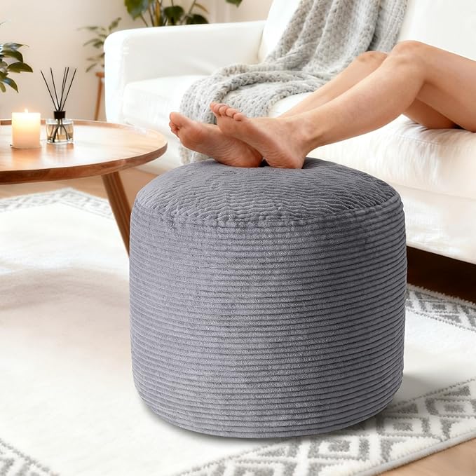 Pouf Ottoman Foot Rest, Comfortable & Soft, Round Footstool Ottoman for Living Room, Bedroom, Office, Room Decoration, Corduroy Foot Stool Pouf with Odorless & Anti-Clump Filling, Large Dark Grey