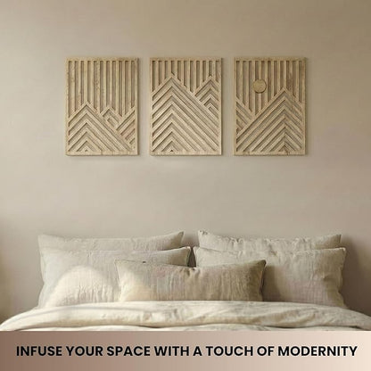 qmmp Modern Wooden Wall Sculptures - Set of 3 - Home Decor Accent - Large Wall Art for Living Room, Bedroom, Office - Easy Installation (Oak, Large - Mountain and Sun)