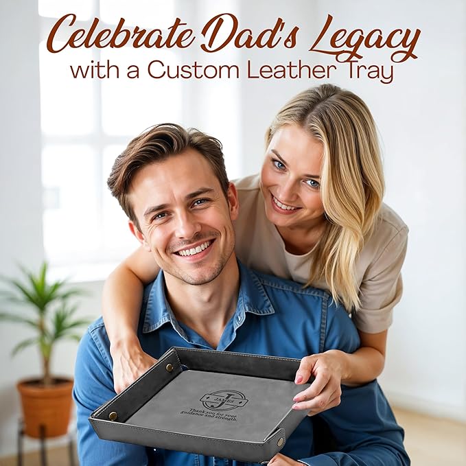 Engraved Father’s Day Leather Valet Tray – Personalized Leather Catch All with Custom Name – Men’s Valet Tray Organizer for Keys, Watches, and Jewelry – Unique Dad Gift from Daughter or Son - Grey