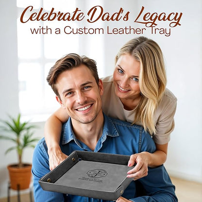 Engraved Father’s Day Leather Valet Tray – Personalized Leather Catch All with Custom Name – Men’s Valet Tray Organizer for Keys, Watches, and Jewelry – Unique Dad Gift from Daughter or Son - Grey