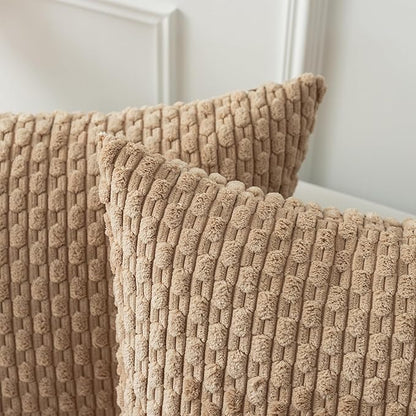 Kevin Textile Tan Throw Pillow Covers Soft Corduroy Decorative Set of 2 Boho Striped Pillow Covers Pillowcases Farmhouse Home Decor for Couch Bed Sofa Living Room 26x26 Inch