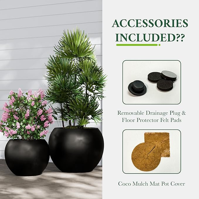 DTY Signature Mount Sherman Modern Indoor Outdoor Fiberstone Sphere Planter, Durable Round Garden Pot, Weather Resistant, Drainage Hole & Rubber Plug - Small, Black
