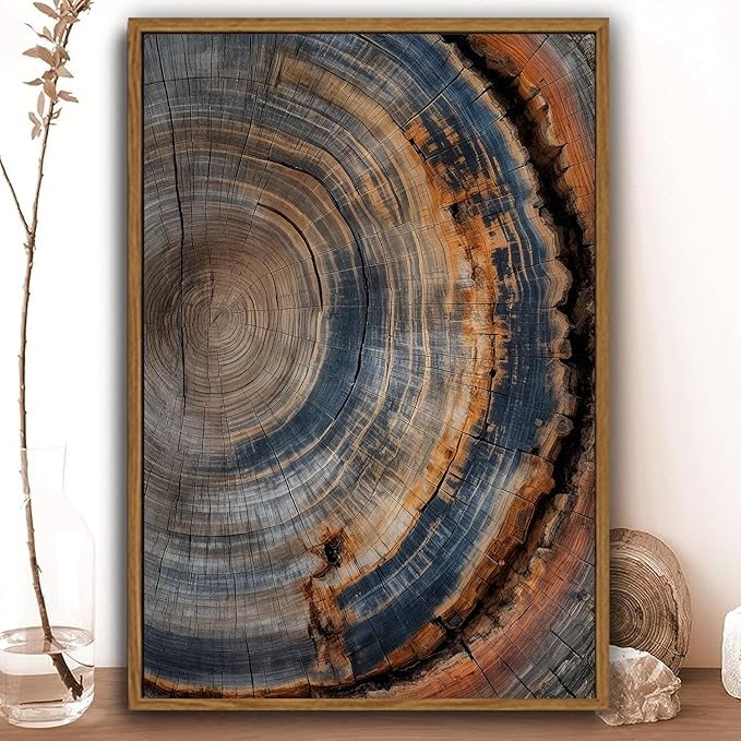 IBHJSART Framed Tree Ring Canvas Wall Art Vintage Colorful Wood Stump Painting Prints Modern Minimalist Pictures Neutral Nature Rustic Farmhouse Decor Living Room Bedroom Bathroom Office