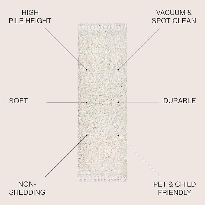 JONATHAN Y Mercer Shag Plush Tassel White Runner Rug, 2x8, Contemporary, Modern, Easy-Cleaning for Living Room, Bedroom, Kitchen, Pet Friendly, Non-Shedding (MCR100A-28)
