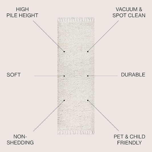 JONATHAN Y Mercer Shag Plush Tassel White Runner Rug, 2x8, Contemporary, Modern, Easy-Cleaning for Living Room, Bedroom, Kitchen, Pet Friendly, Non-Shedding (MCR100A-28)