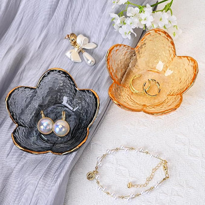Koythin 2-Piece Glass Jewelry Tray, Small Trinket Holder for Necklace Bracelet Earring, Ring Holder for Bathroom, Aesthetic Trinket Dish, Flower Nightstand Decor for Girl Mom Women (Grey)