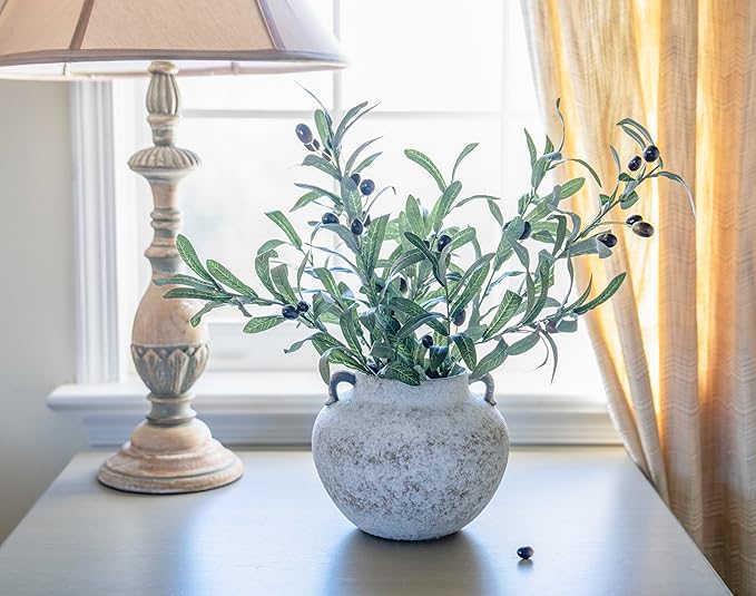 Rustic White Two-Ear Ceramic Vase with Hand-Glazed, Textured Pottery Vase with Two Ears for Centerpieces, Kitchen, Living Room, Bedroom Decor Gifts (Rustic White, Short)