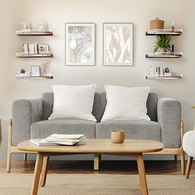 Wood Floating Shelves with Acrylic Front Lip, Rustic Shelf 15.7 inch, Floating Shelf for Wall Mounted Set of 3, Wide Wooden Wall Shelves for Living Room Bedroom Kitchen Bathroom, Brown, 15.7W x 5.8D