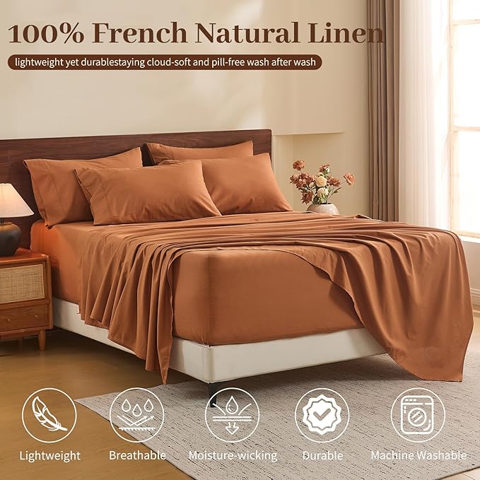 MEISHANG 100% French Pure Linen Sheets California King Size - Extra Deep Pocket Sheet Set, Soft Durable Flax Linen, Anti-Tear Breathable & Oeko-Tex Certified 18-24 Deep Pocket,All Season(Brown)