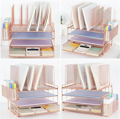 Desk Organizers and Accessories, 3-Tier Paper Organizer with 5 Vertical File Holders, File Organizer for Desk (Rose Gold With Drawer, 3T With Drawer)