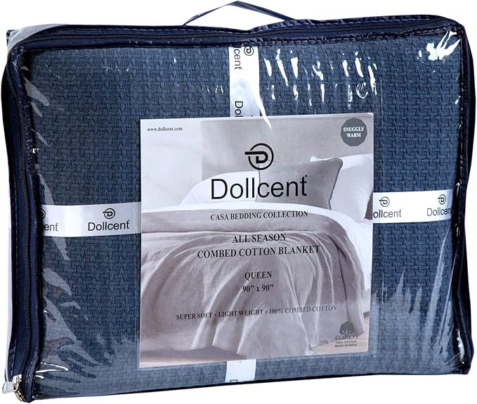 DOLLCENT 100% Cotton Queen Size Blanket for Bed, Premium Soft Combed Lightweight Blankets, Washed Breathable Cozy Bed Throw Blanket, Navy Queen Cotton Blankets for All Season: Navy (90"x90")