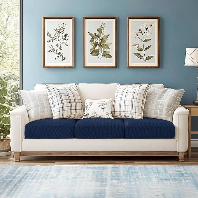 CHUN YI 3PC Stretch Couch Cushion Covers, Individual Sofa Seat Slipcovers Suitable for Armchair Loveseat Sofa with Spandex Jacquard Fabric(3pc,Navy)