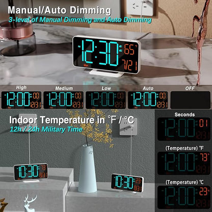KOSUMOSU Desk Clock, 6.7in Small Digital Clock for Bedroom, Auto Dimming, Room Temperature, Day of The Week, Seconds, Date, LED Clocks for Living Room, Alarm Clocks for Bedrooms