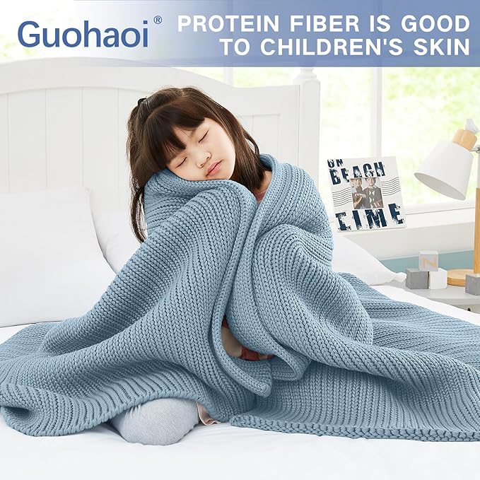 Guohaoi Knitted Weighted Blanket Kids (Haze Blue 50"x60" 5lbs) No Beads Cooling Heavy Blanket, Home Decor Breathable Chunky Knit Throw Blanket for All-Season Use