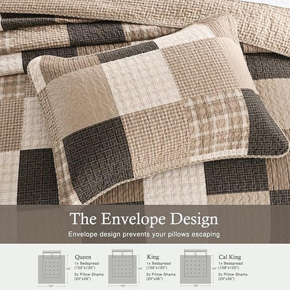 Farmhouse Queen Size Bedspread 102"x120" - 100% Cotton Lightweight Oversized Queen Quilt with 2 Pillowshams, Cottage Plaid Quilted Bedding Coverlet for All Season, 3Pcs, Brown/Beige/Oatmeal