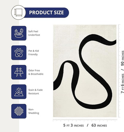 Abani Abstract Beige/Black Area Rug - 5'x8' - Modern Curved Line Design - Deco Collection - Easy to Clean - Durable for High Traffic Areas - Bedroom, Office & Kitchen - Medium Pile