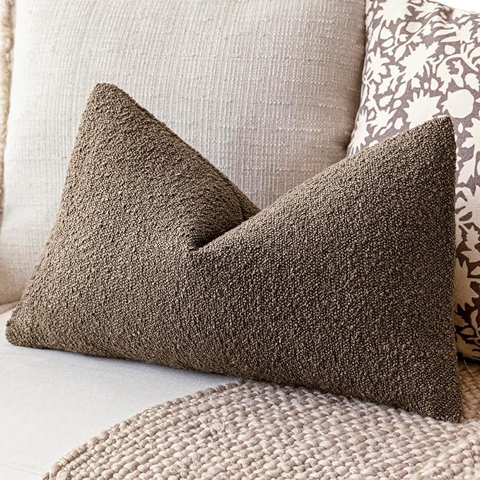 Foindtower Decorative Textured Boucle Throw Pillow Covers Accent Solid Lumbar Pillow Cases Neutral Soft Cozy Couch Cushion Case for Chair Sofa Bedroom Living Room Home Decor 12x20 Inch,1PC,Light Brown