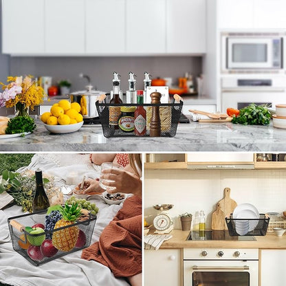 2Pack Metal Mesh Steel Basket with Bamboo Handle - Wire Metal Basket for Kitchen Organization, 12" Wide Food Organizer Bin, Perfect for Organizing Bulk Pantry (BLACK)