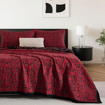 100% Cotton Muslin Jacquard 2 Piece Quilt Set Floral Plum Blossom Print, Soft 3 Layers Gauze Bed Cover Reversible Bedspread Coverlet Breathable Lightweight Bedding Set, Twin