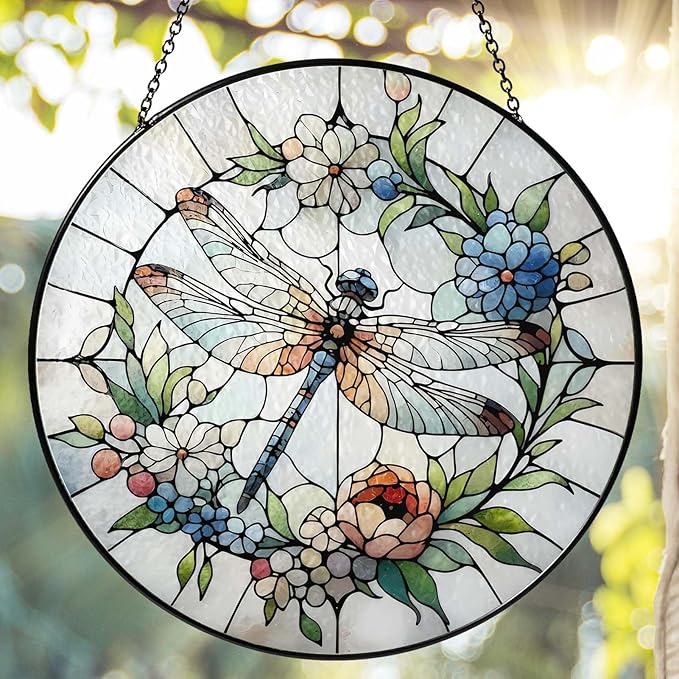 Dragonfly Gifts for Women, 7.8'' Dragonfly Sun Catcher Stained Glass Window Hanging SunCatchers Indoor Window Wall Decor Handmade SunCatcher Decoration for Garden Home Housewarming Gifts